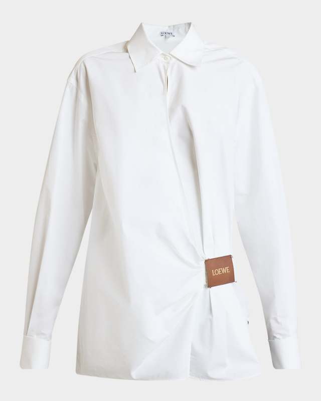 Draped Poplin Leather Patch Blouse